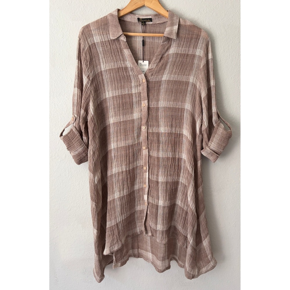 Baciano Womens Linen Plaid Button Down Tunic Top XL NWT Boho Lagenlook Coastal